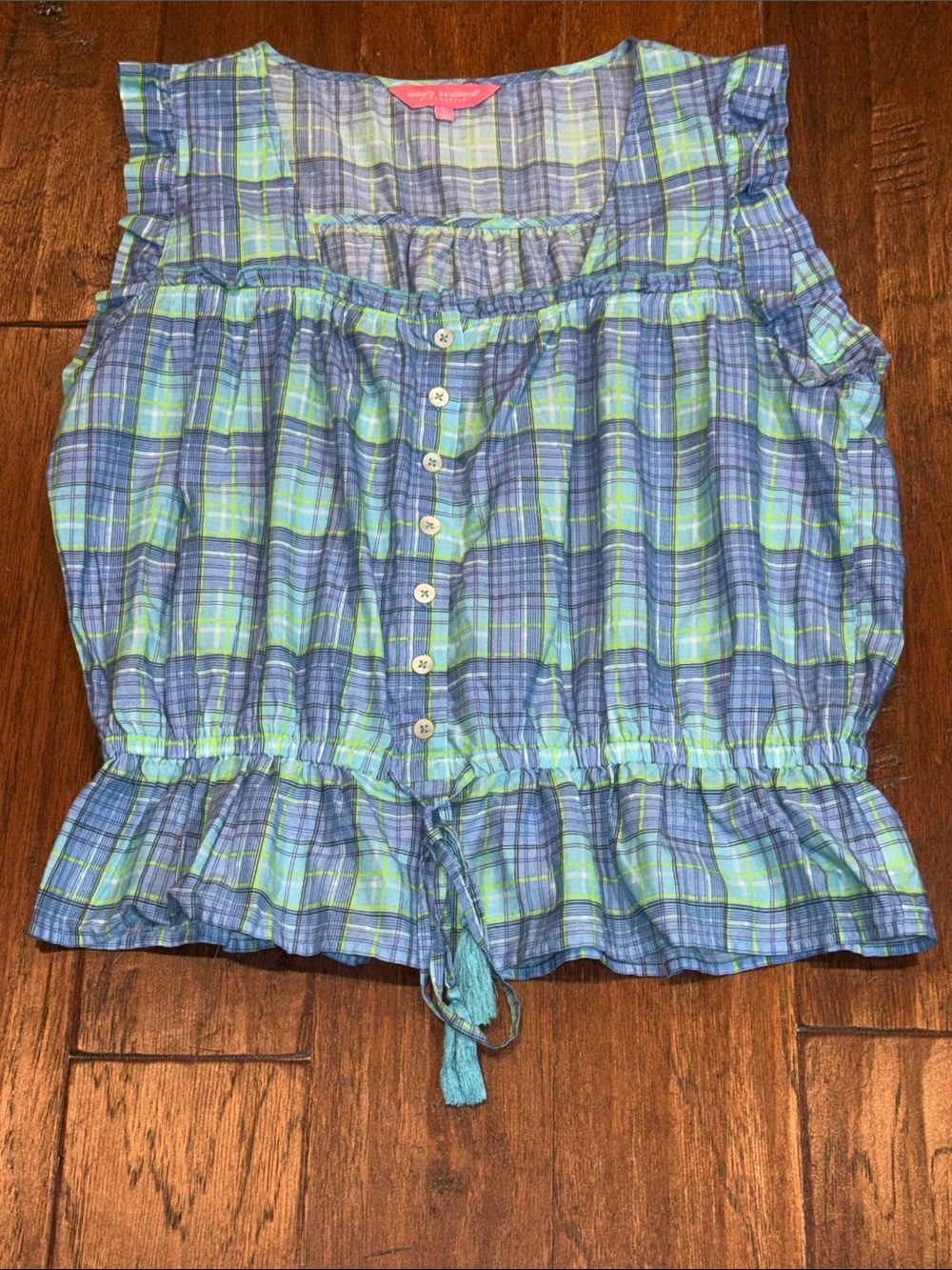 Size Large • Simply Southern • Blue & Green Plaid Ruffle Button Tank